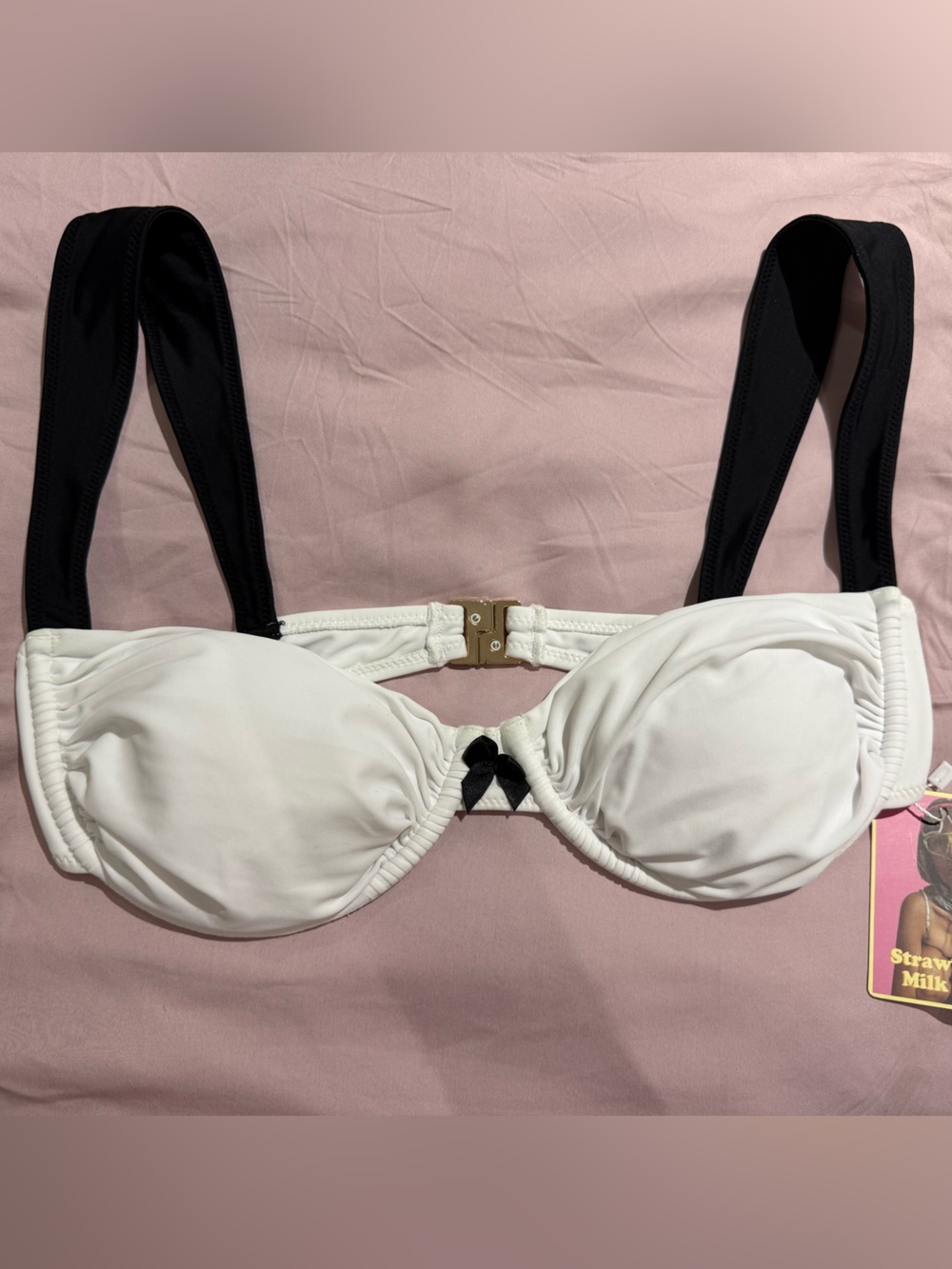 Strawberry Milk Mob White and Black Balconette Bra top with Bow Accent
